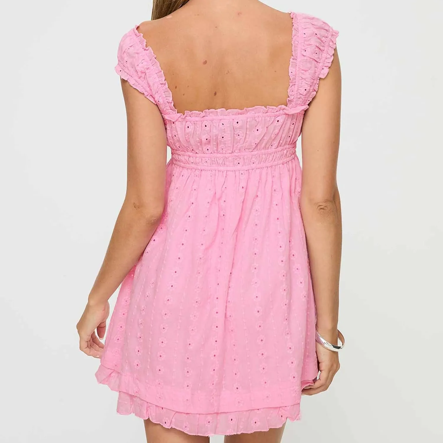 Women Summer Mini Dress Casual Loose Floral Embroidery Ruffle A Line Dress Sleeveless Backless Short Beach Sundress