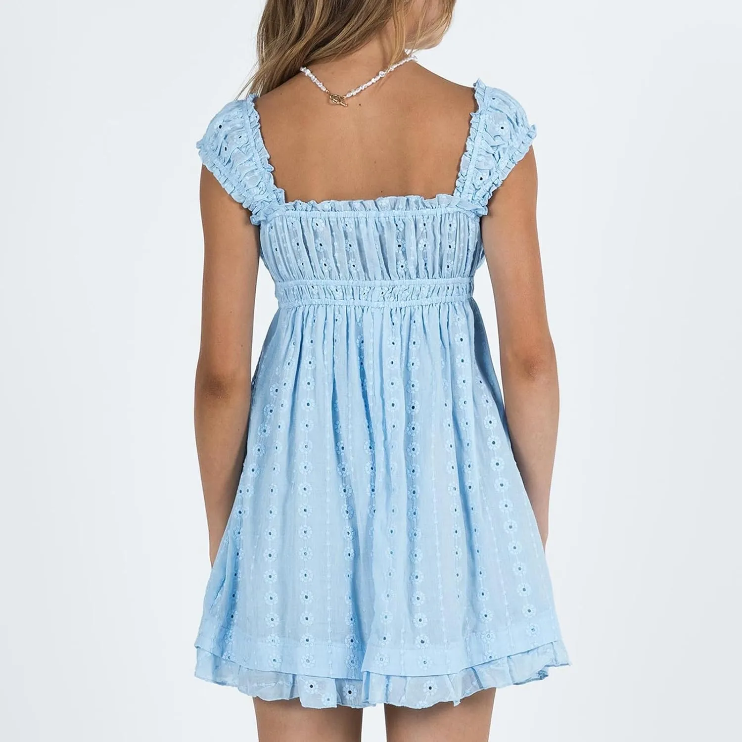 Women Summer Mini Dress Casual Loose Floral Embroidery Ruffle A Line Dress Sleeveless Backless Short Beach Sundress