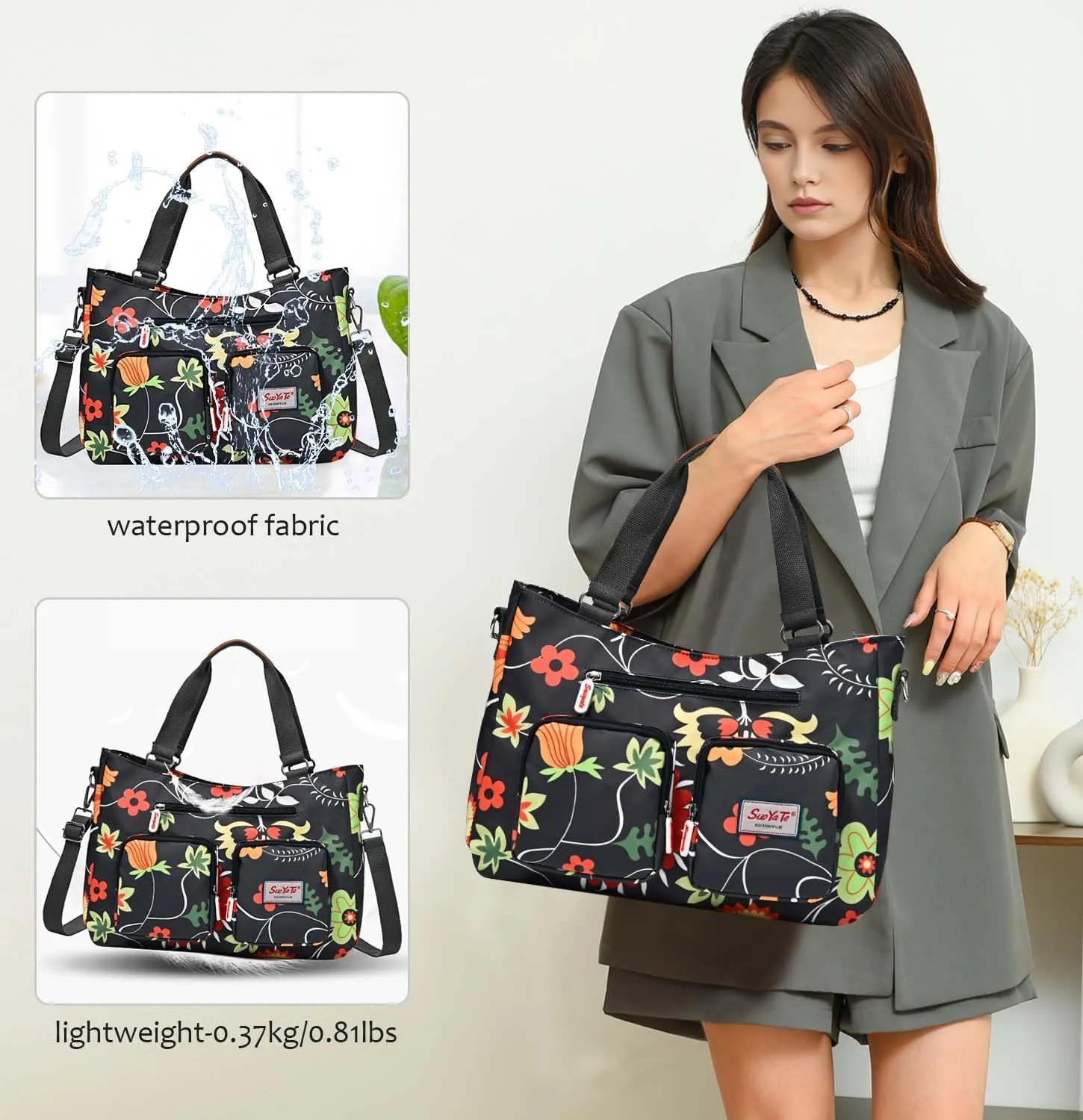 Women Utility Tote Bag Teacher Purses and Handbags for Nurse Waterproof Nylon Multi Pocket Shoulder Bag Work Tote Bag