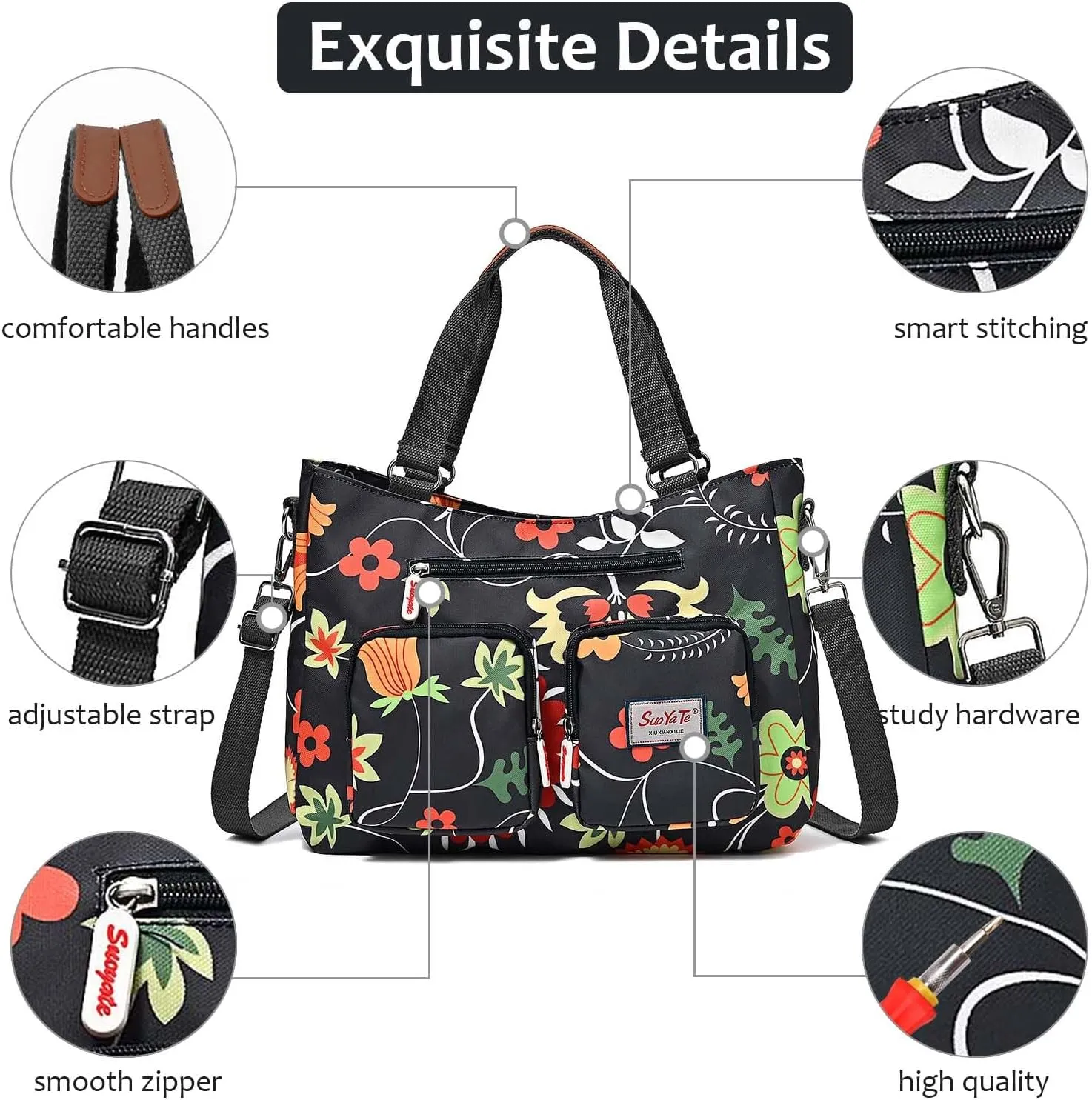 Women Utility Tote Bag Teacher Purses and Handbags for Nurse Waterproof Nylon Multi Pocket Shoulder Bag Work Tote Bag
