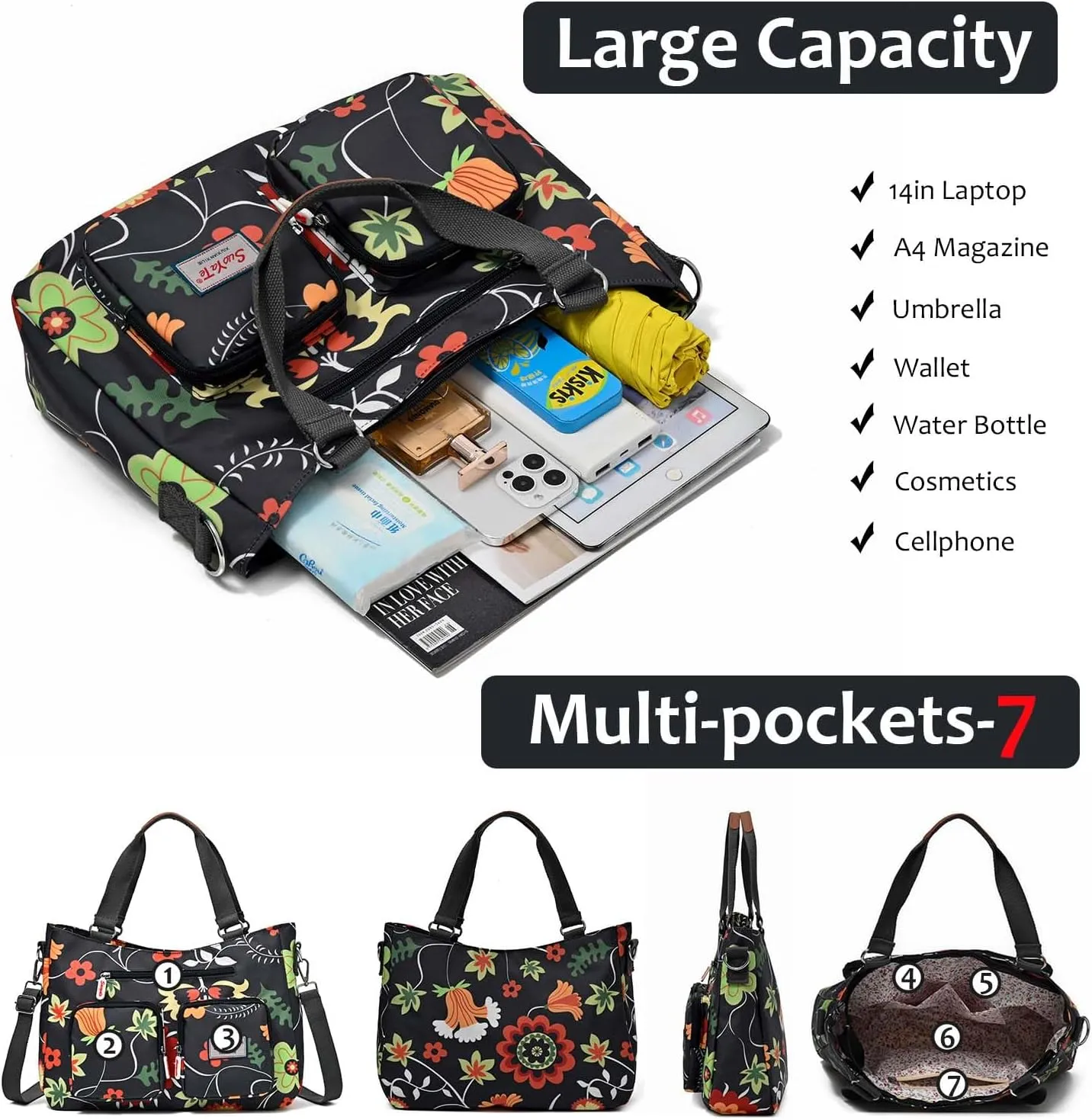 Women Utility Tote Bag Teacher Purses and Handbags for Nurse Waterproof Nylon Multi Pocket Shoulder Bag Work Tote Bag