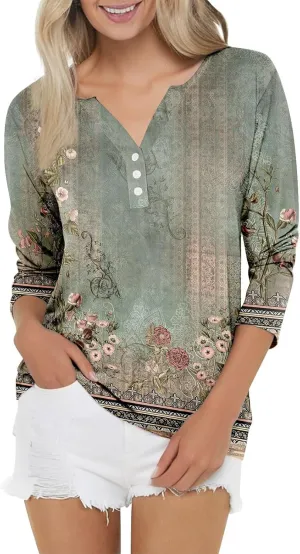 Women Workout Tops,3/4 Sleeve Raglan Shirts for Women Color Block Henley Blouse Striped Button up Shirt