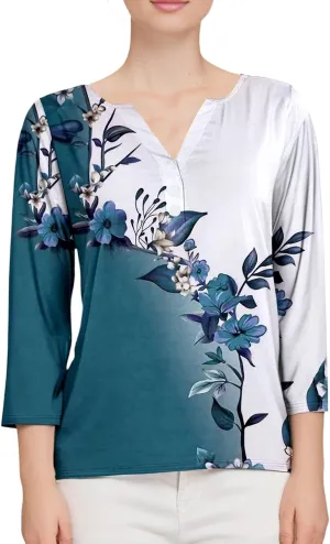 Women Workout Tops,3/4 Sleeve Raglan Shirts for Women Color Block Henley Blouse Striped Button up Shirt