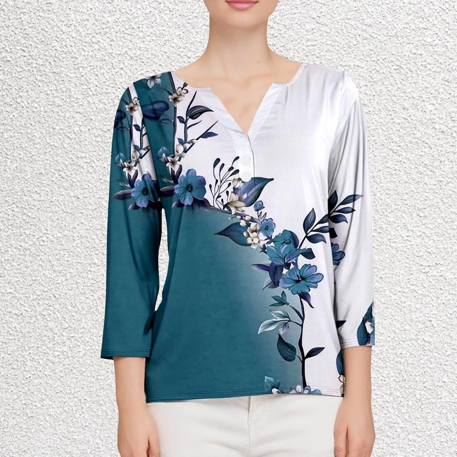 Women Workout Tops,3/4 Sleeve Raglan Shirts for Women Color Block Henley Blouse Striped Button up Shirt
