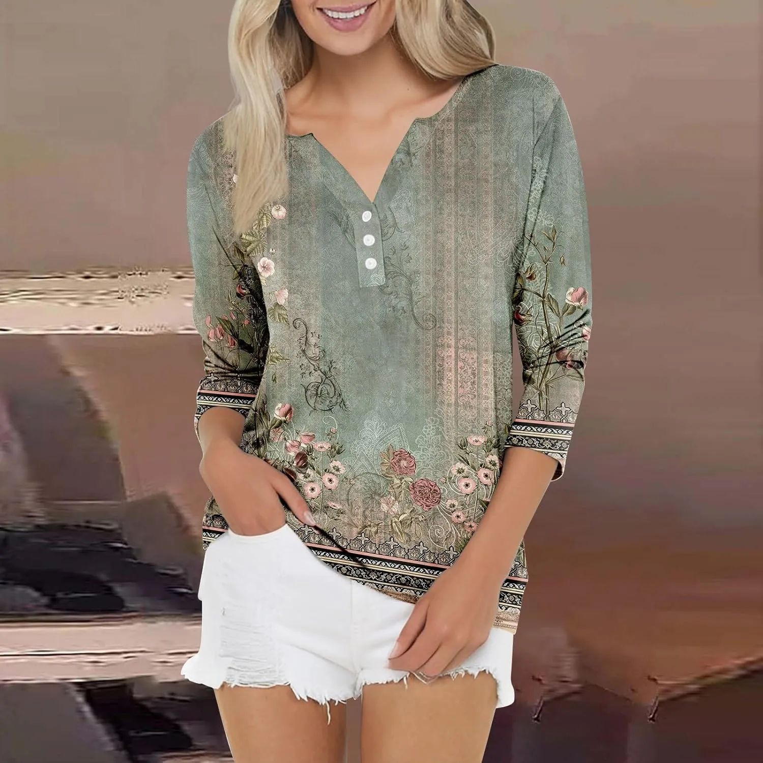 Women Workout Tops,3/4 Sleeve Raglan Shirts for Women Color Block Henley Blouse Striped Button up Shirt