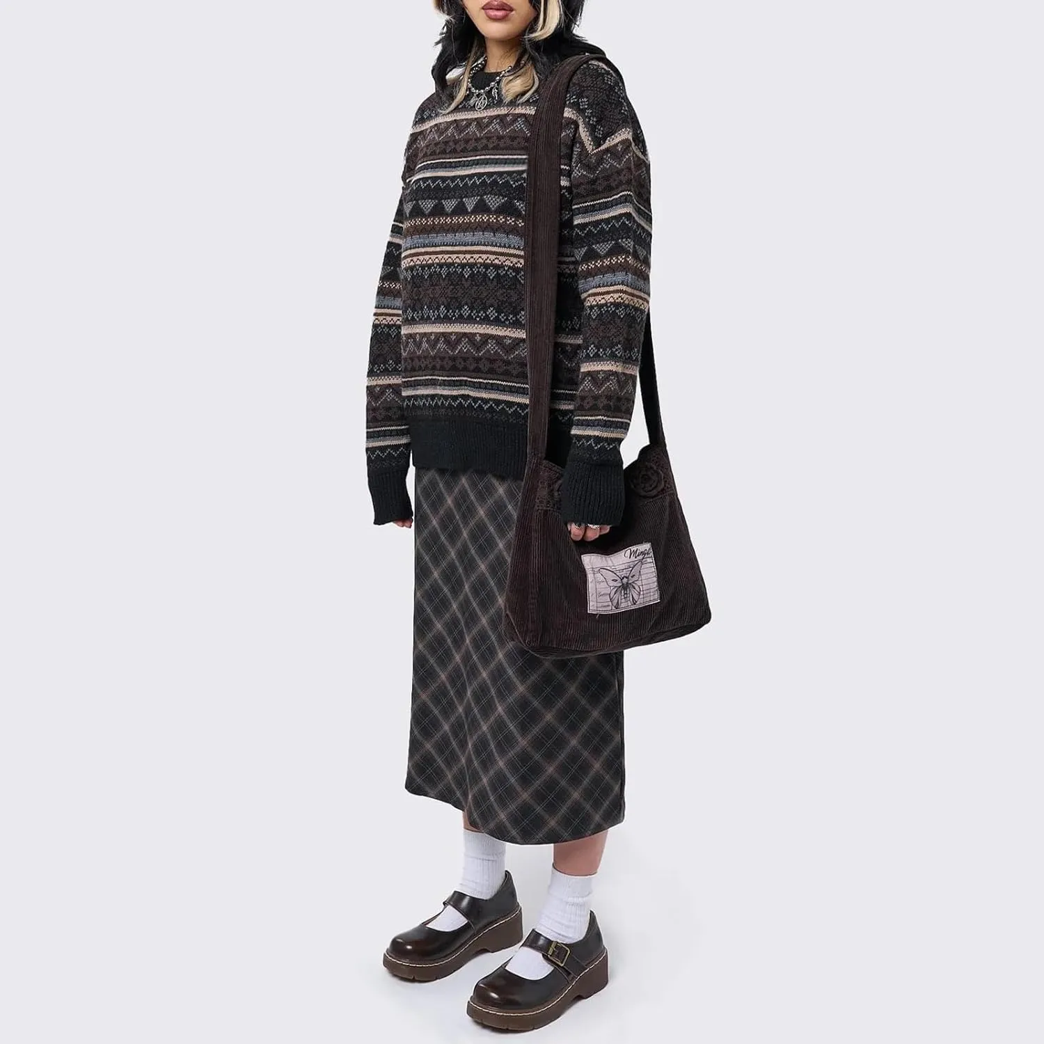 Women Y2K Argyle Striped Pullover Sweater Casual Long Sleeve Round Neck Vintage Preppy Style Pullover Knitwear