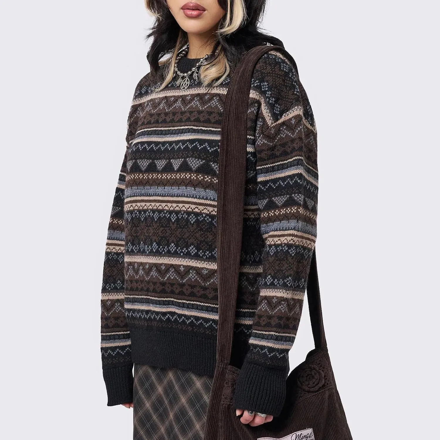 Women Y2K Argyle Striped Pullover Sweater Casual Long Sleeve Round Neck Vintage Preppy Style Pullover Knitwear