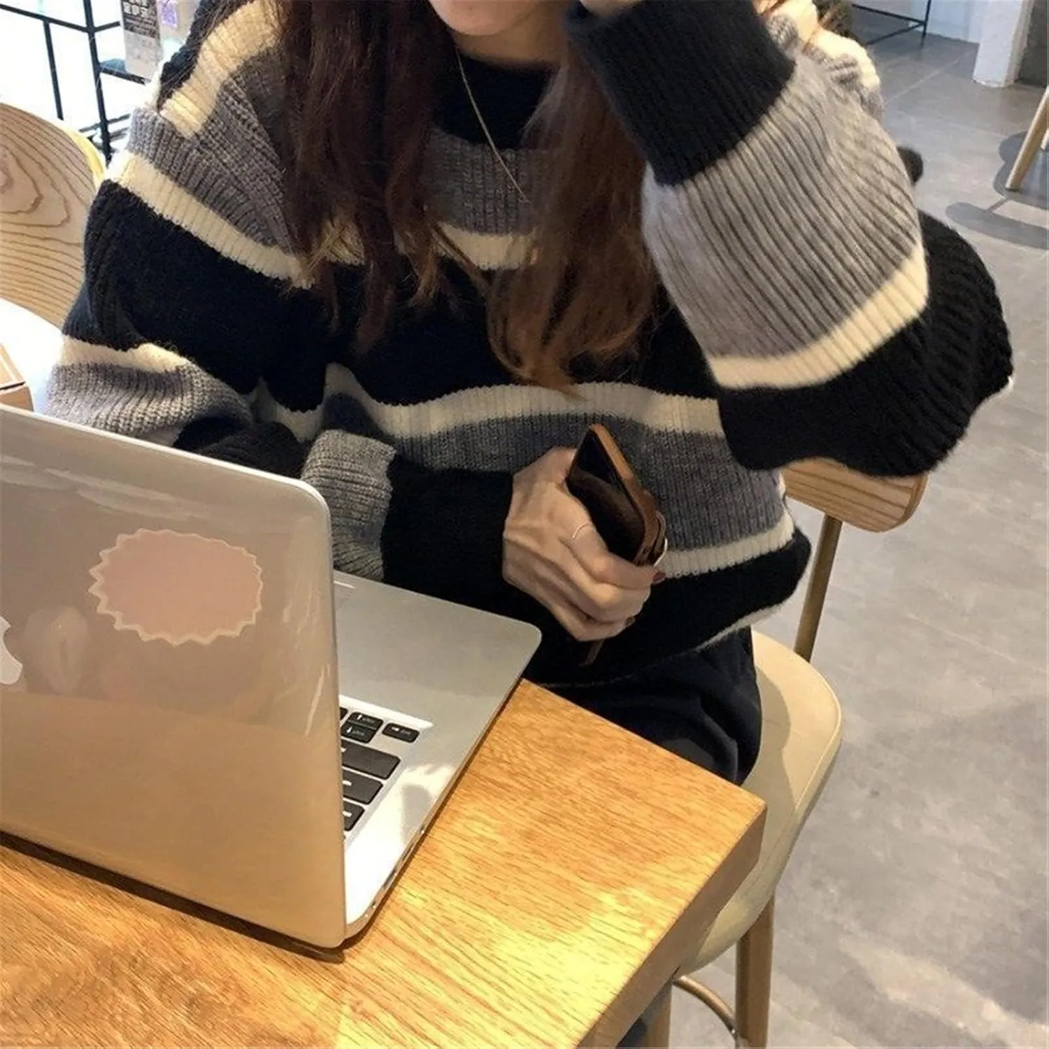 Women Y2K Argyle Striped Pullover Sweater Casual Long Sleeve Round Neck Vintage Preppy Style Pullover Knitwear