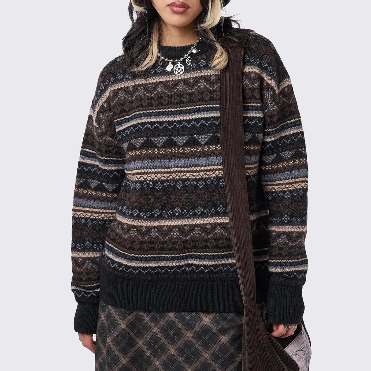 Women Y2K Argyle Striped Pullover Sweater Casual Long Sleeve Round Neck Vintage Preppy Style Pullover Knitwear