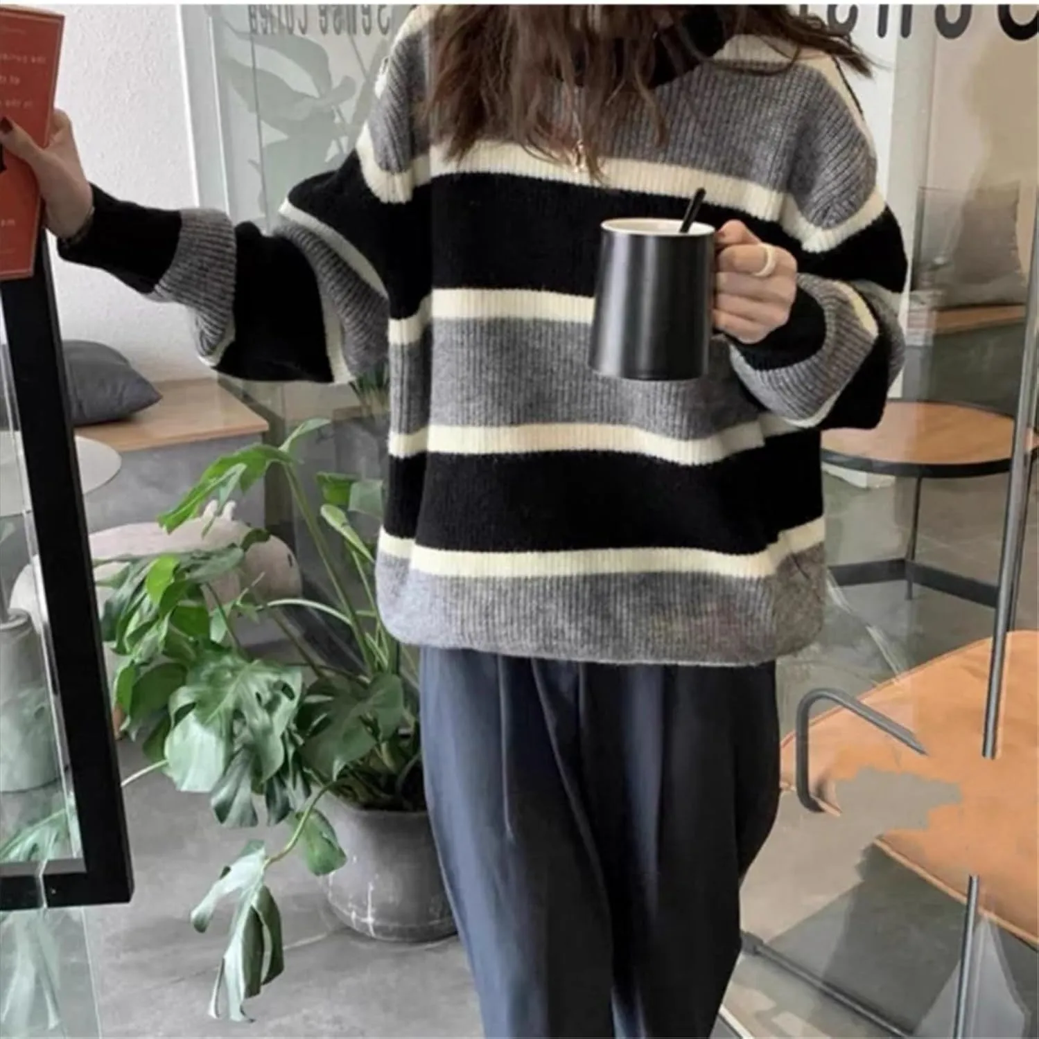 Women Y2K Argyle Striped Pullover Sweater Casual Long Sleeve Round Neck Vintage Preppy Style Pullover Knitwear