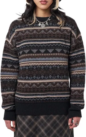Women Y2K Argyle Striped Pullover Sweater Casual Long Sleeve Round Neck Vintage Preppy Style Pullover Knitwear