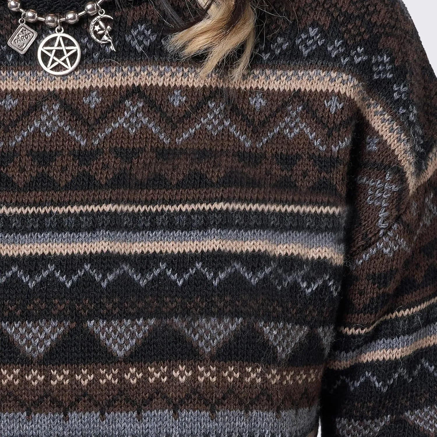 Women Y2K Argyle Striped Pullover Sweater Casual Long Sleeve Round Neck Vintage Preppy Style Pullover Knitwear
