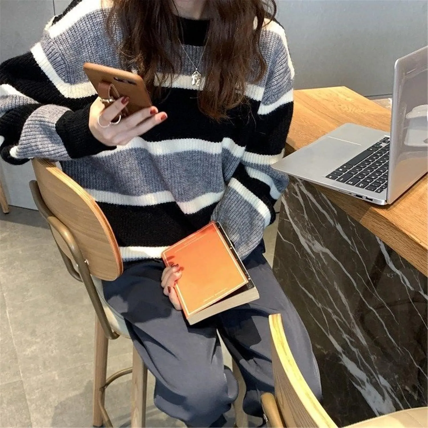 Women Y2K Argyle Striped Pullover Sweater Casual Long Sleeve Round Neck Vintage Preppy Style Pullover Knitwear