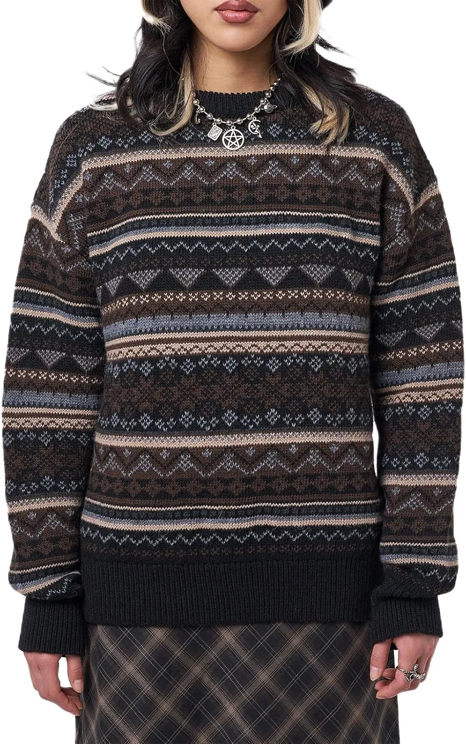 Women Y2K Argyle Striped Pullover Sweater Casual Long Sleeve Round Neck Vintage Preppy Style Pullover Knitwear