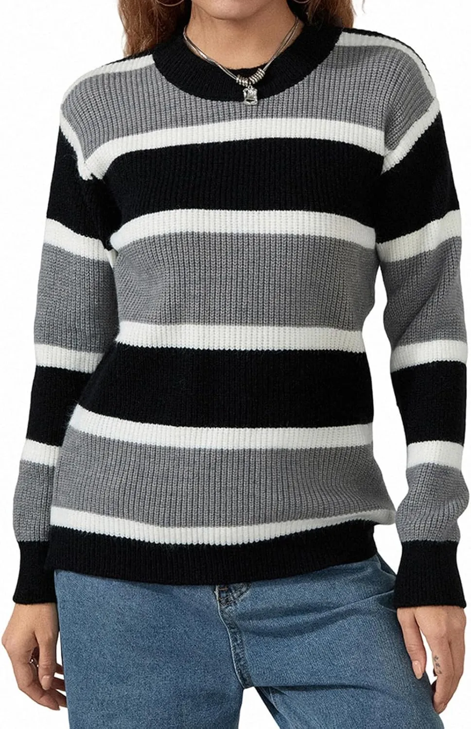 Women Y2K Argyle Striped Pullover Sweater Casual Long Sleeve Round Neck Vintage Preppy Style Pullover Knitwear
