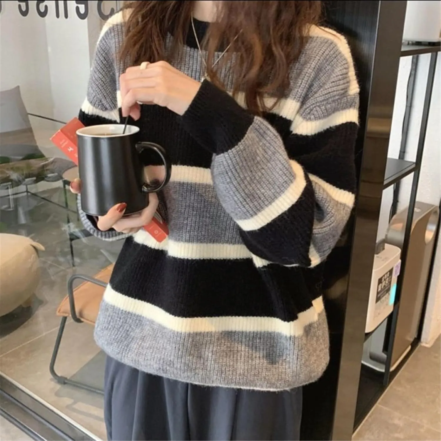 Women Y2K Argyle Striped Pullover Sweater Casual Long Sleeve Round Neck Vintage Preppy Style Pullover Knitwear