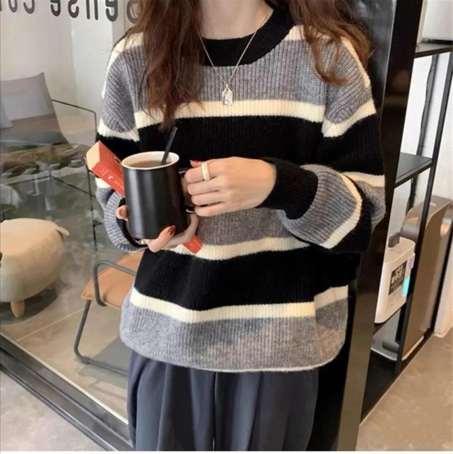 Women Y2K Argyle Striped Pullover Sweater Casual Long Sleeve Round Neck Vintage Preppy Style Pullover Knitwear