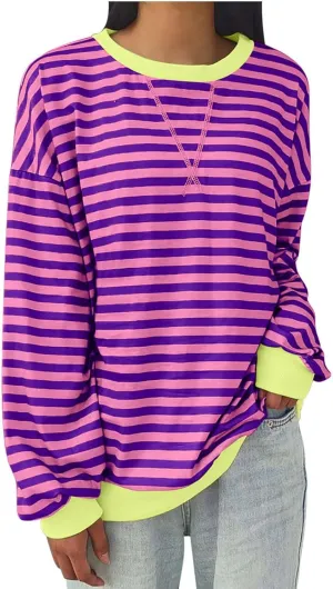 Womens 2024 Fall Sweatshirts Long Sleeve Striped Color Block Casual Loose Pullover Trendy Crewneck Y2K Tops