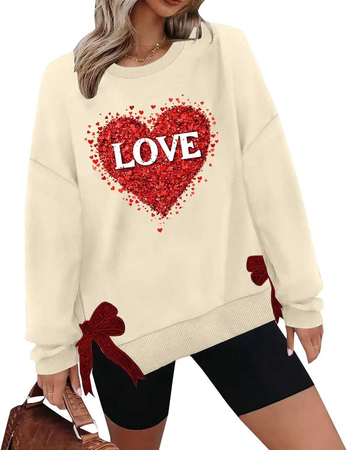 Womens 2025 Fashion Sweatshirt Valentines Heart Print Side Bow Applique Trendy Top Long Sleeve Athletic Causal Blouse