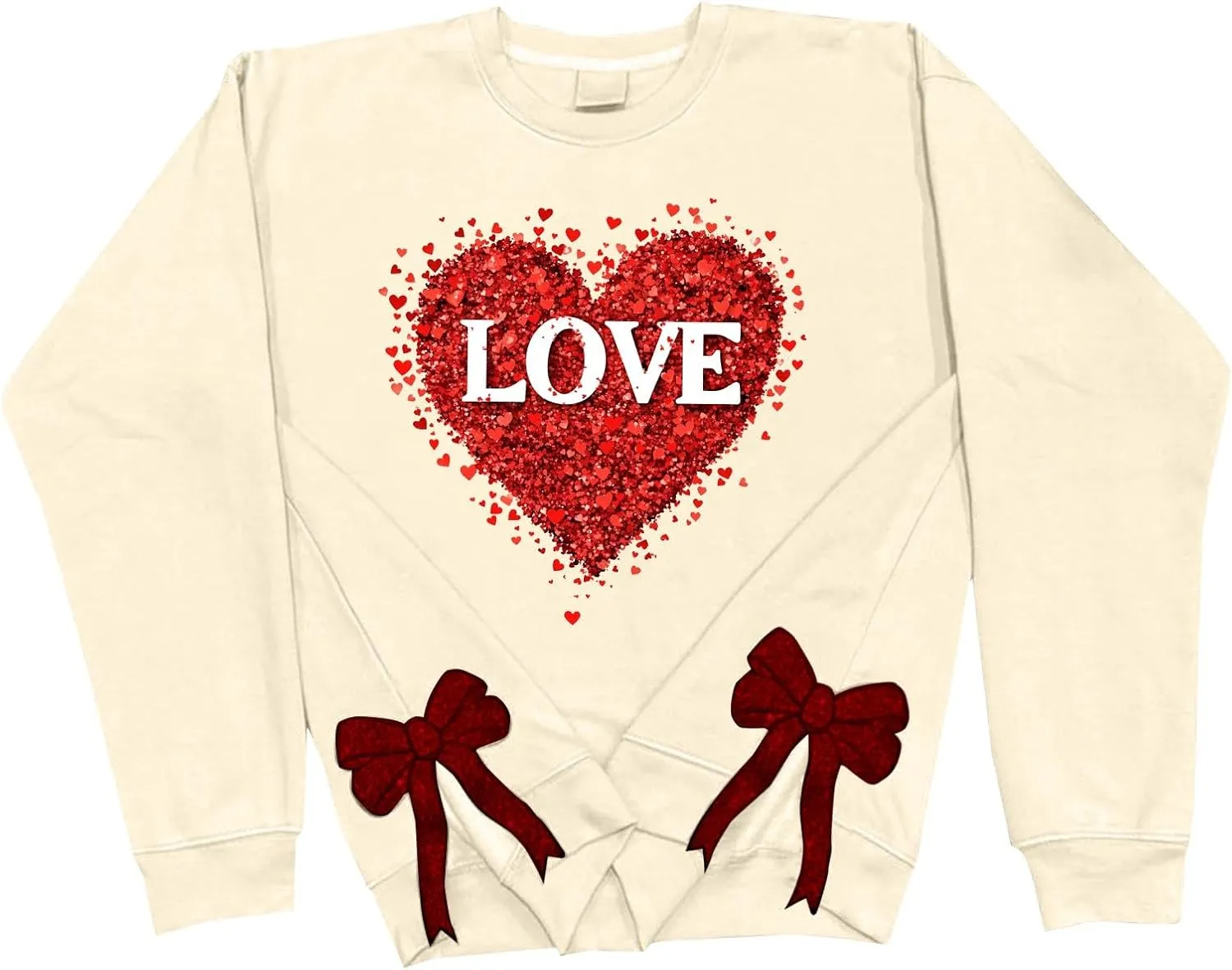 Womens 2025 Fashion Sweatshirt Valentines Heart Print Side Bow Applique Trendy Top Long Sleeve Athletic Causal Blouse