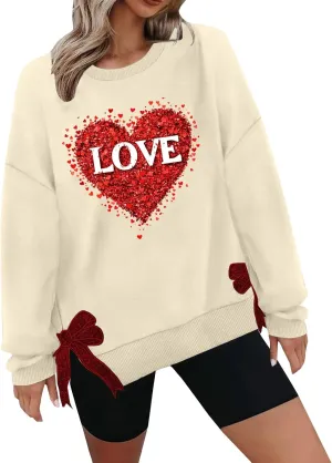 Womens 2025 Fashion Sweatshirt Valentines Heart Print Side Bow Applique Trendy Top Long Sleeve Athletic Causal Blouse