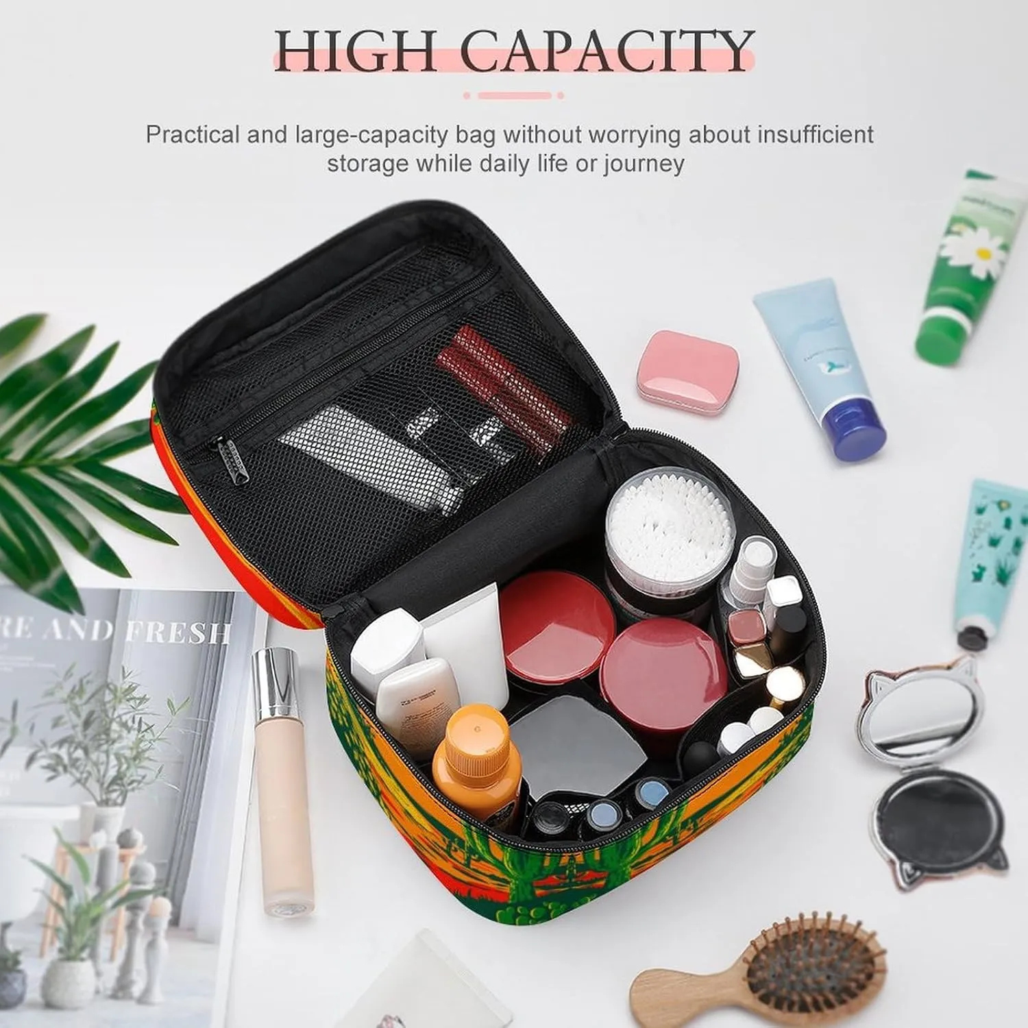 Womens Anime Cactus Red Poster Make Up Bag Organizer With Compartments Handle Men Makeup Toiletry Bags Waterproof Soft Leather Skincare Cosmetic Box For Travel Camping Wedding