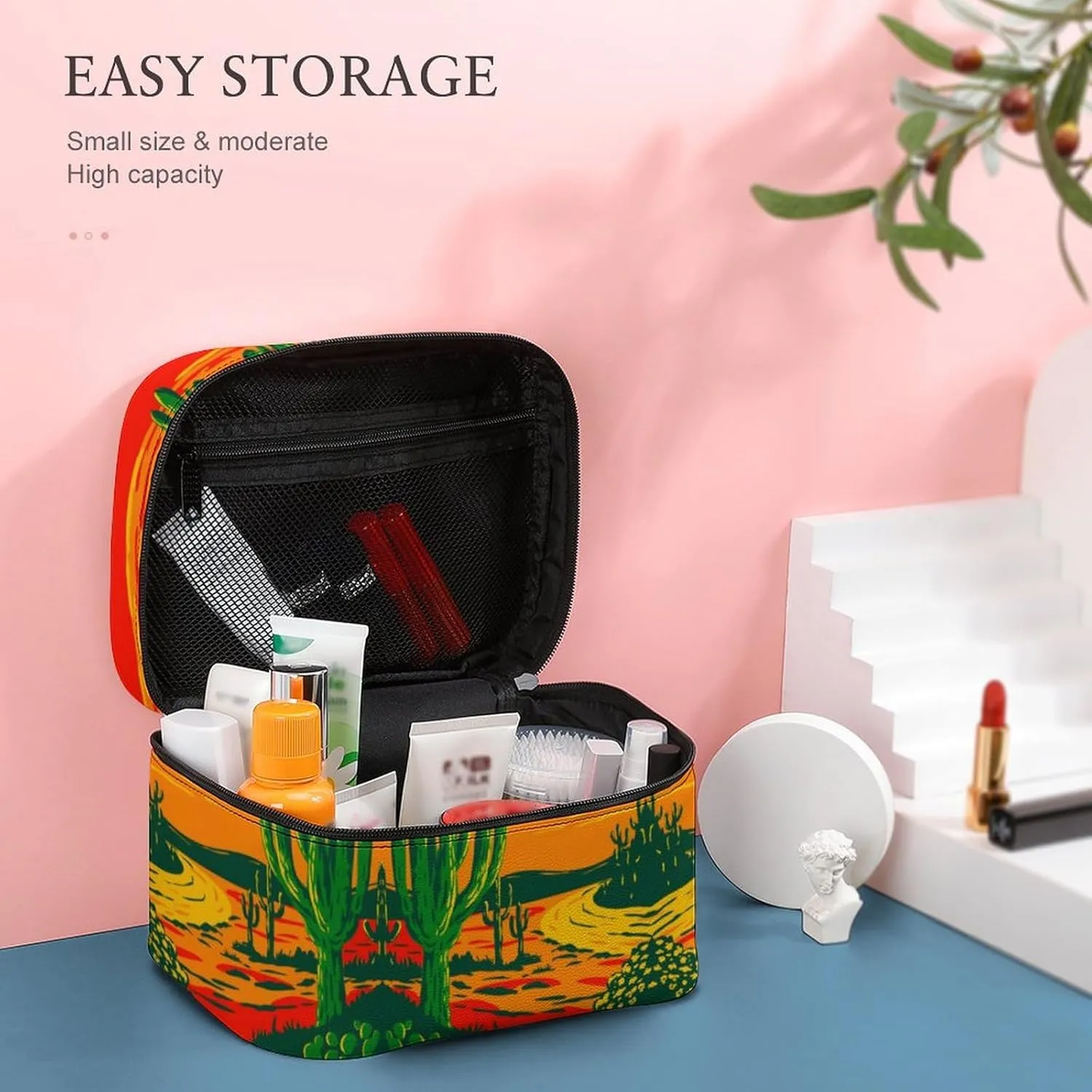 Womens Anime Cactus Red Poster Make Up Bag Organizer With Compartments Handle Men Makeup Toiletry Bags Waterproof Soft Leather Skincare Cosmetic Box For Travel Camping Wedding
