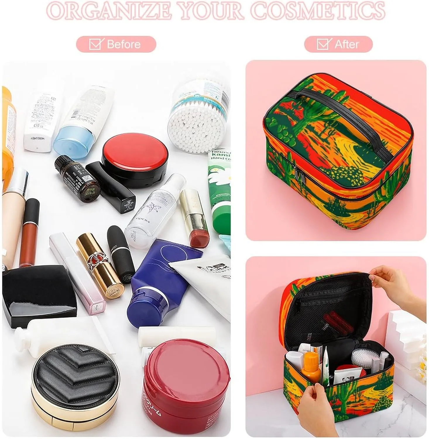 Womens Anime Cactus Red Poster Make Up Bag Organizer With Compartments Handle Men Makeup Toiletry Bags Waterproof Soft Leather Skincare Cosmetic Box For Travel Camping Wedding