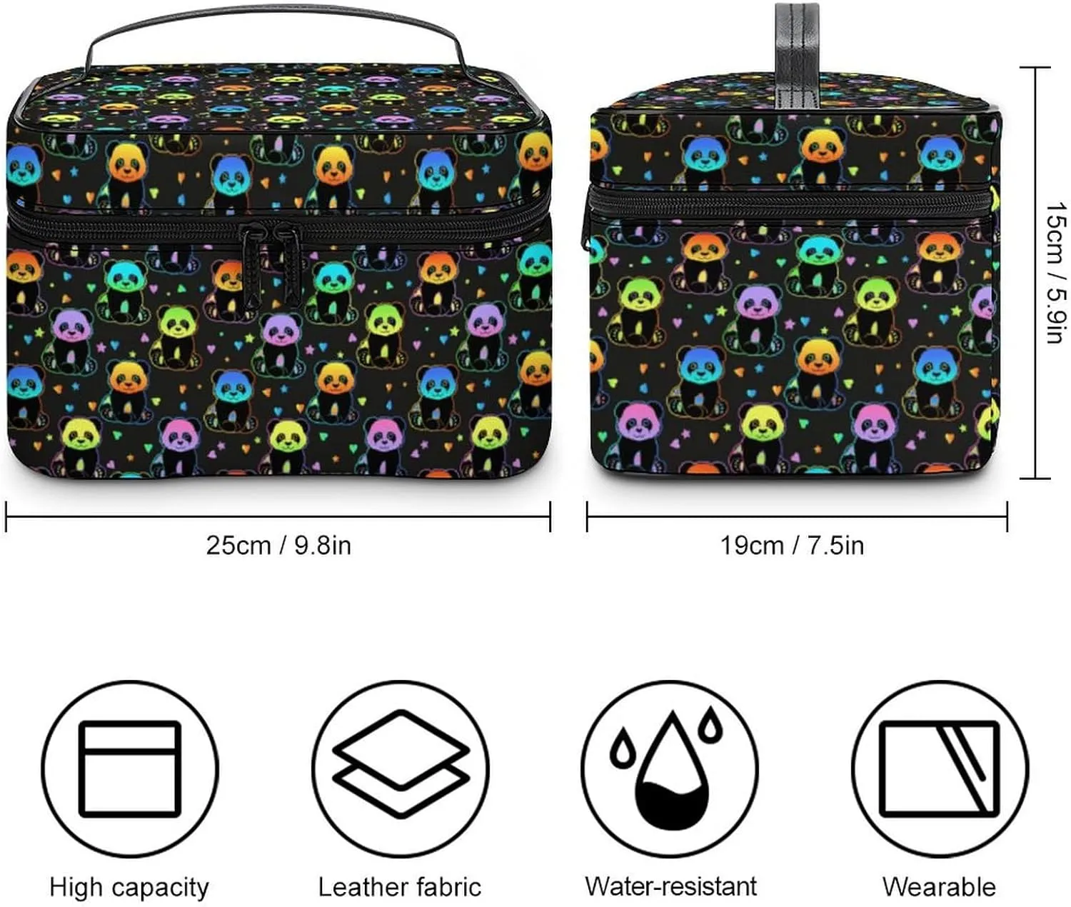 Womens Anime Cute Pandas Colorful Make Up Bag Organizer With Compartments Handle Men Makeup Toiletry Bags Waterproof Soft Leather Skincare Cosmetic Box For Travel Camping Wedding