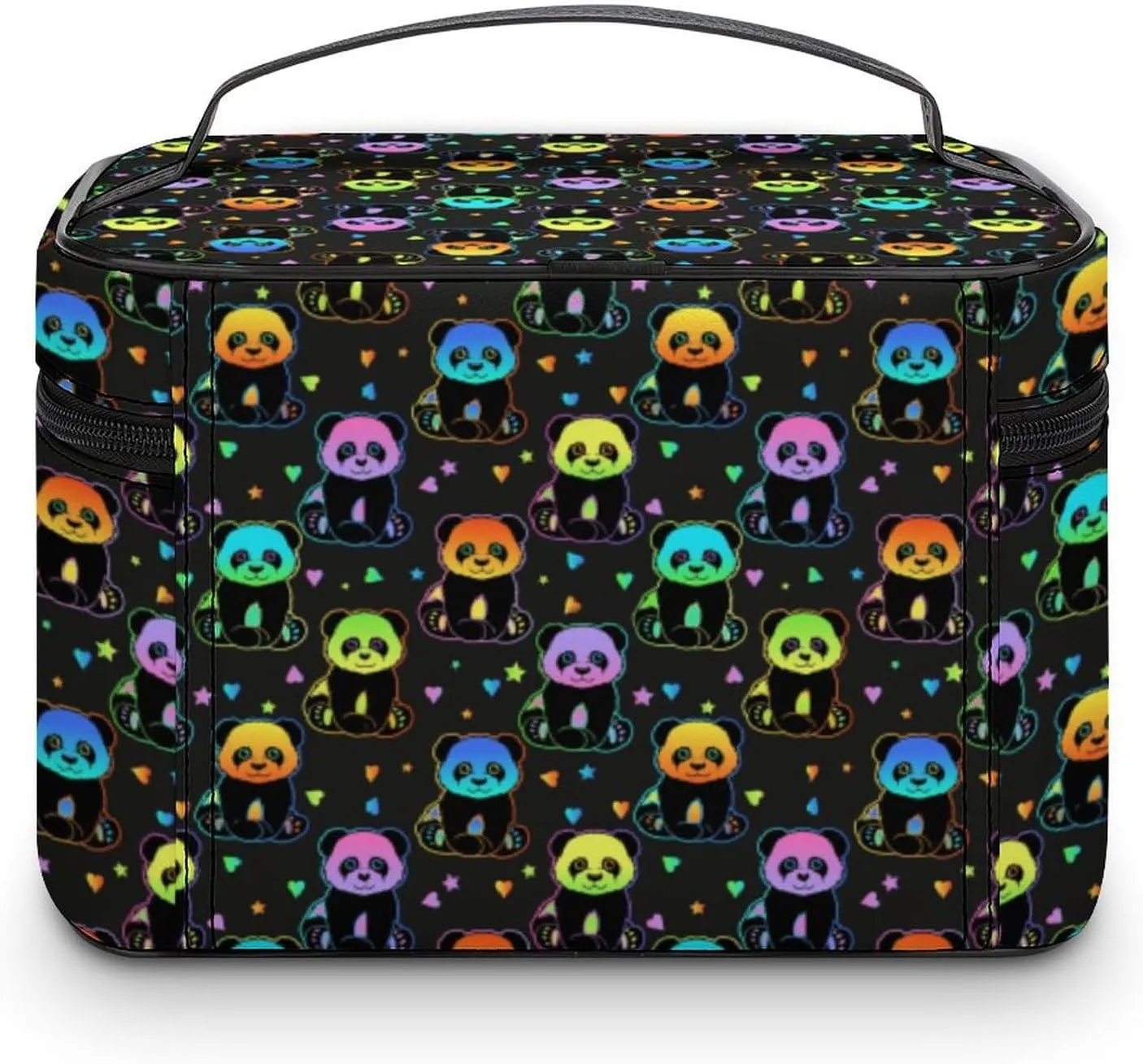 Womens Anime Cute Pandas Colorful Make Up Bag Organizer With Compartments Handle Men Makeup Toiletry Bags Waterproof Soft Leather Skincare Cosmetic Box For Travel Camping Wedding