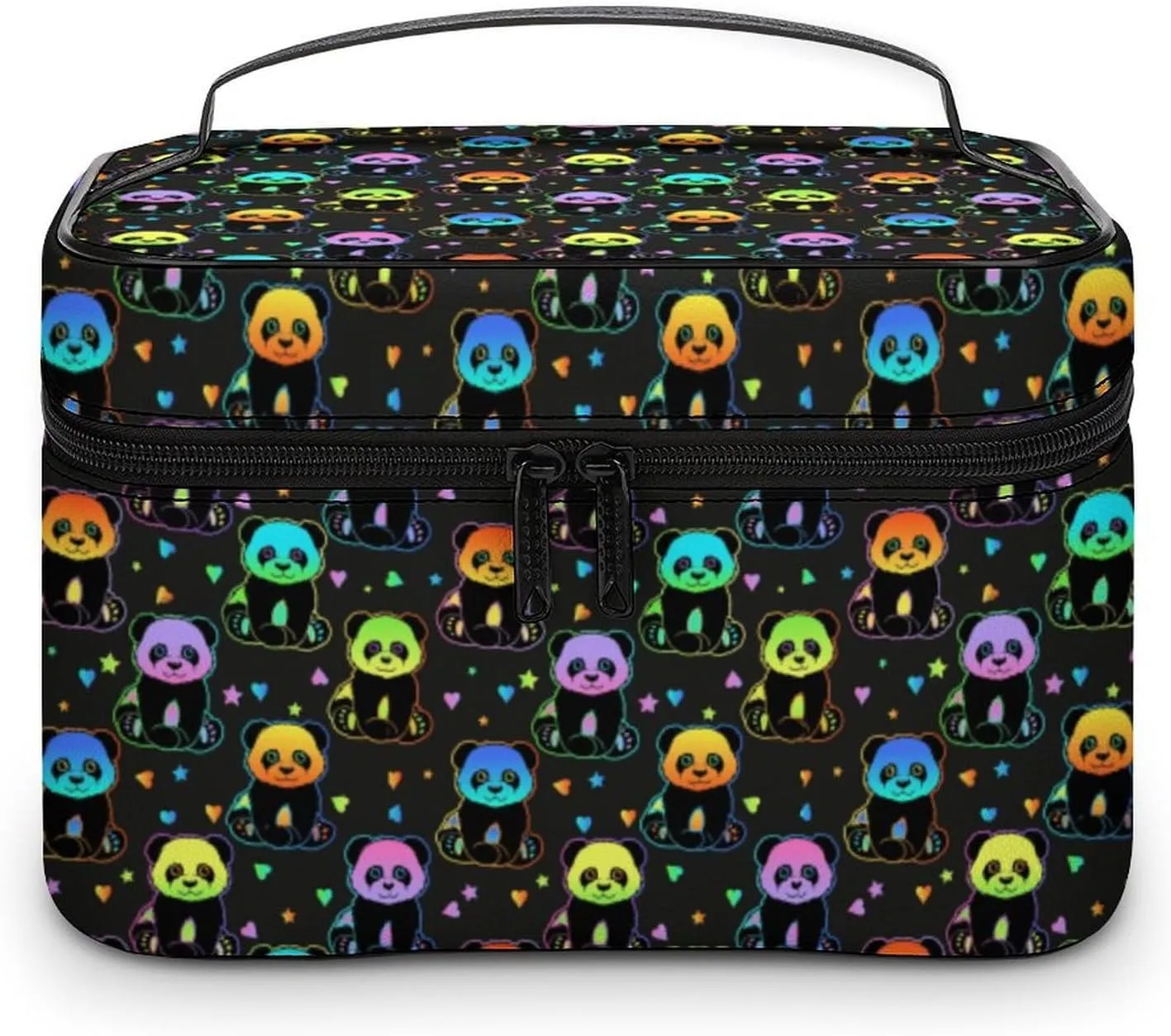 Womens Anime Cute Pandas Colorful Make Up Bag Organizer With Compartments Handle Men Makeup Toiletry Bags Waterproof Soft Leather Skincare Cosmetic Box For Travel Camping Wedding