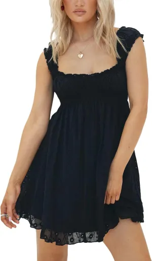 Women's Babydoll Mini Dress Floral Embroidery Summer Sleeveless Loose A Line Flowy Short Sundress for Beach Club Party
