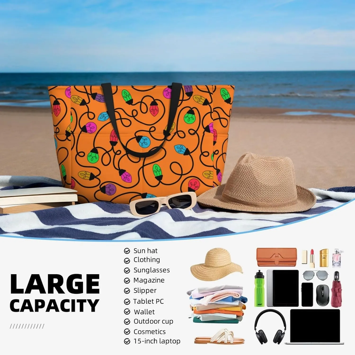 Women's Beach Travel Bags Large Waterproof Tote Bag with Pockets Sandproof Handbag for Beach Gym Vacation