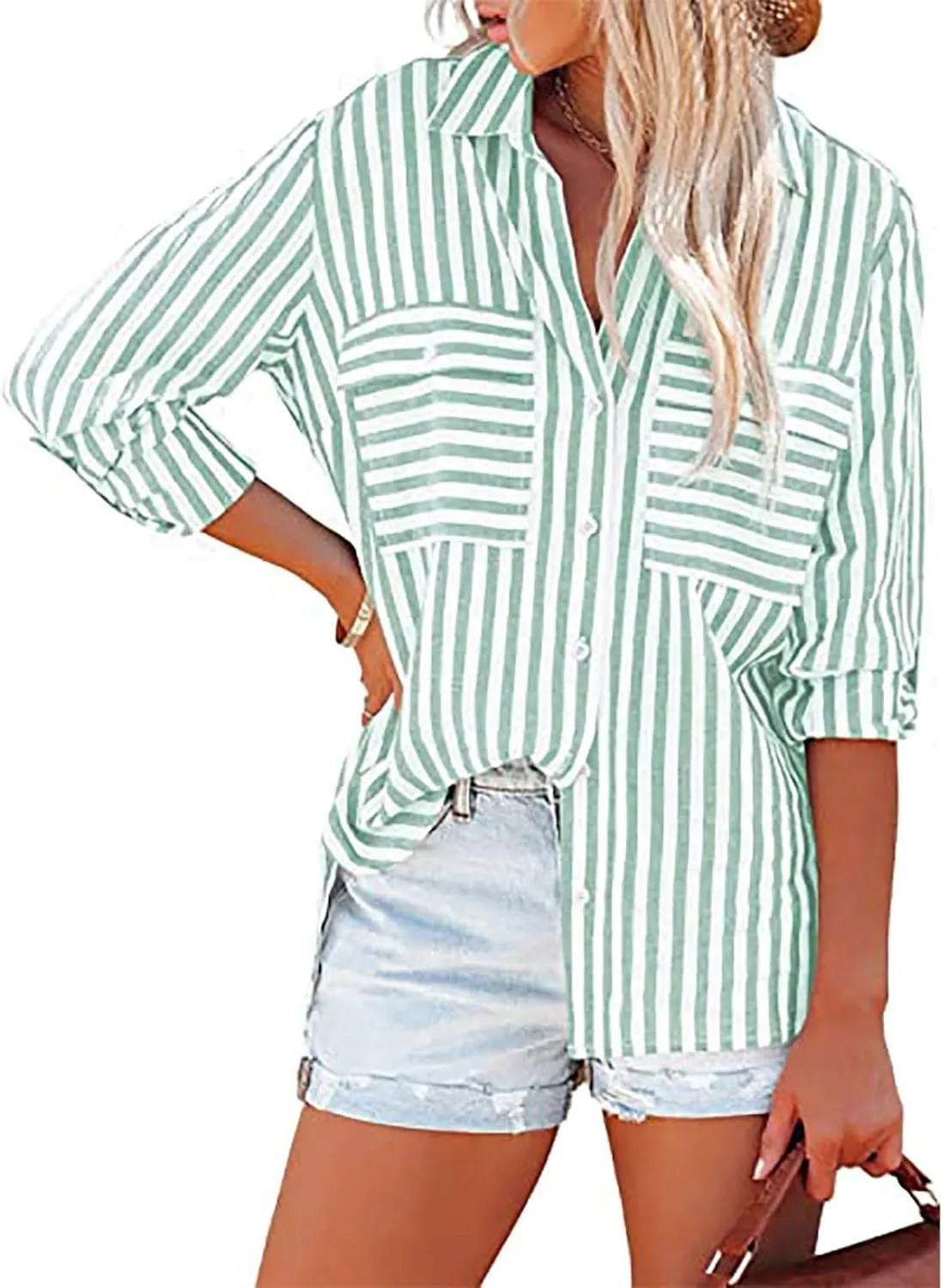 Womens Button Down Lapel Stripe Cotton Linen Shirts Long Sleeve Blouse Tops Fall Fashion Tops Dress Casual