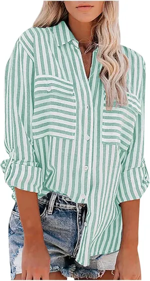 Womens Button Down Lapel Stripe Cotton Linen Shirts Long Sleeve Blouse Tops Fall Fashion Tops Dress Casual