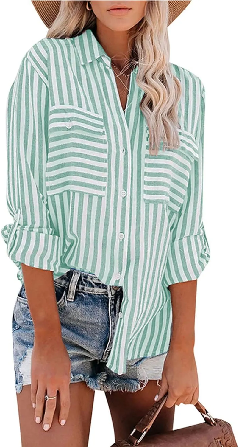 Womens Button Down Lapel Stripe Cotton Linen Shirts Long Sleeve Blouse Tops Fall Fashion Tops Dress Casual
