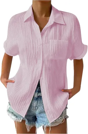 Womens Button Down Shirt Short Sleeve Dress Shirt V Neck Collared Button Up Tops Textured Work Blouse with Pocket