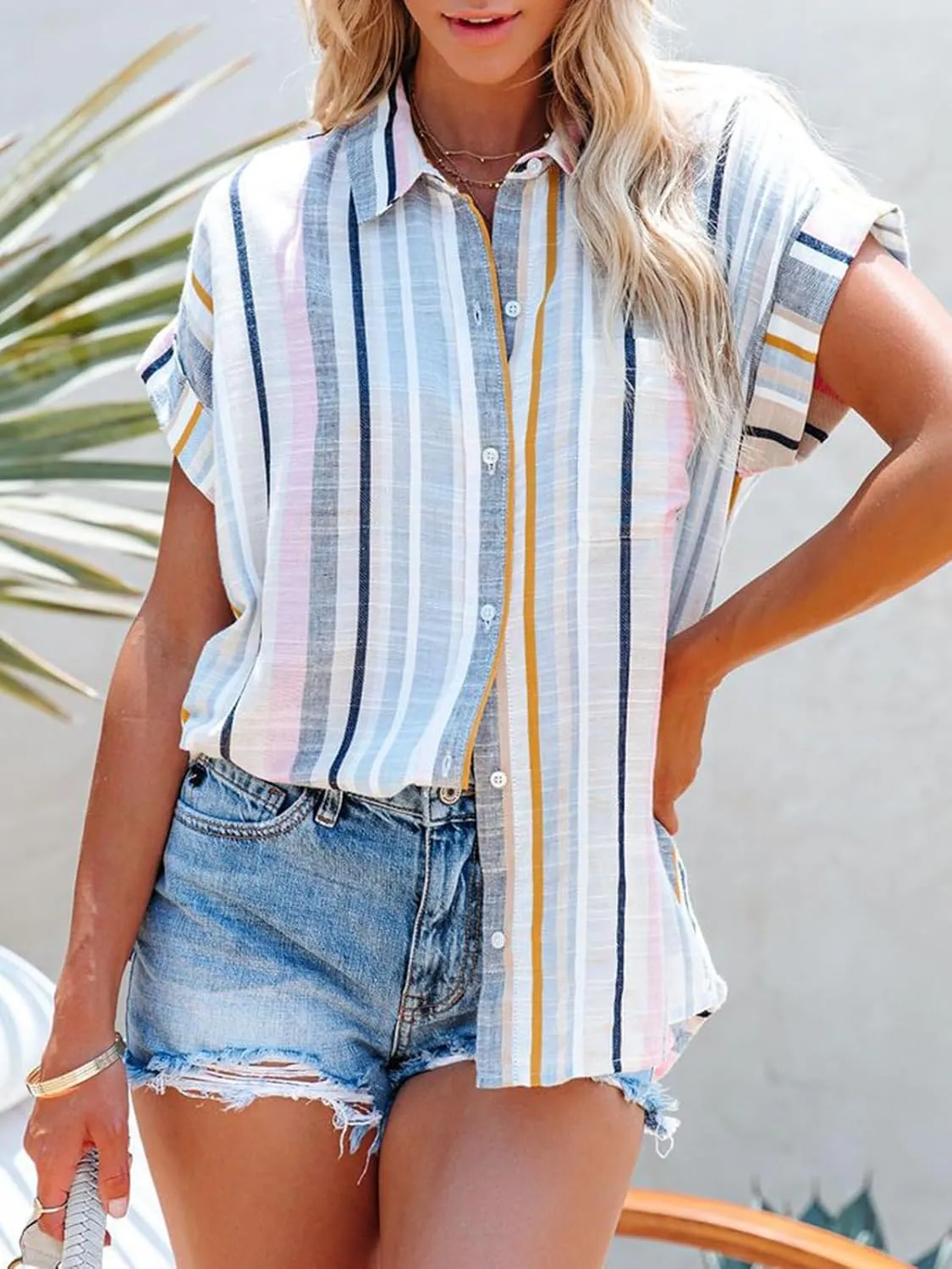 Womens Button Down Shirts Short Sleeve Summer Linen V Neck Collared Stripes Casual Blouses Tops with Pocket