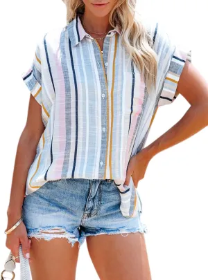 Womens Button Down Shirts Short Sleeve Summer Linen V Neck Collared Stripes Casual Blouses Tops with Pocket
