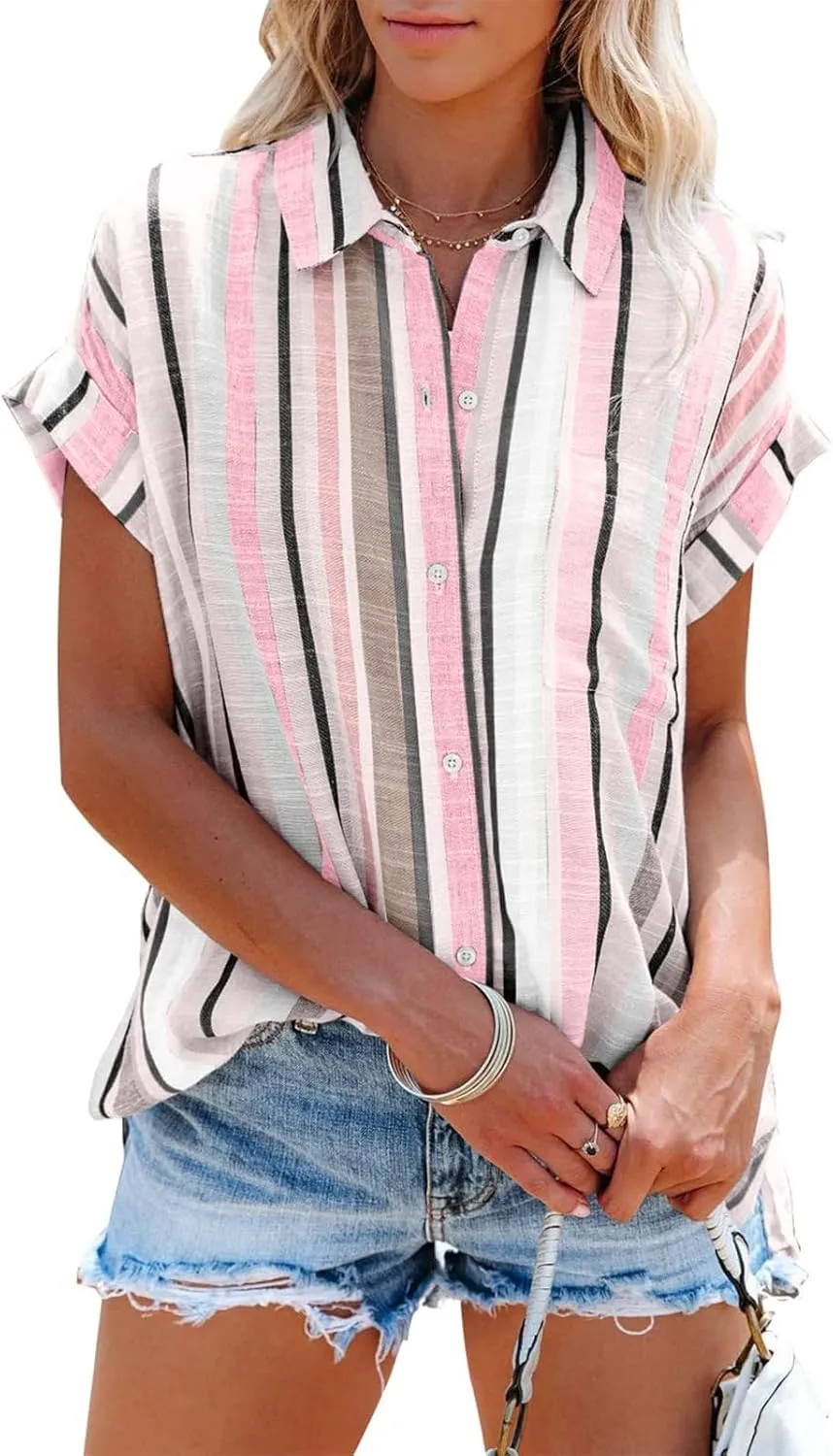 Womens Button Down Shirts Short Sleeve Summer Linen V Neck Collared Stripes Casual Blouses Tops with Pocket