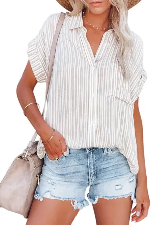 Womens Button Down Shirts Short Sleeve Summer Linen V Neck Collared Stripes Casual Blouses Tops with Pocket