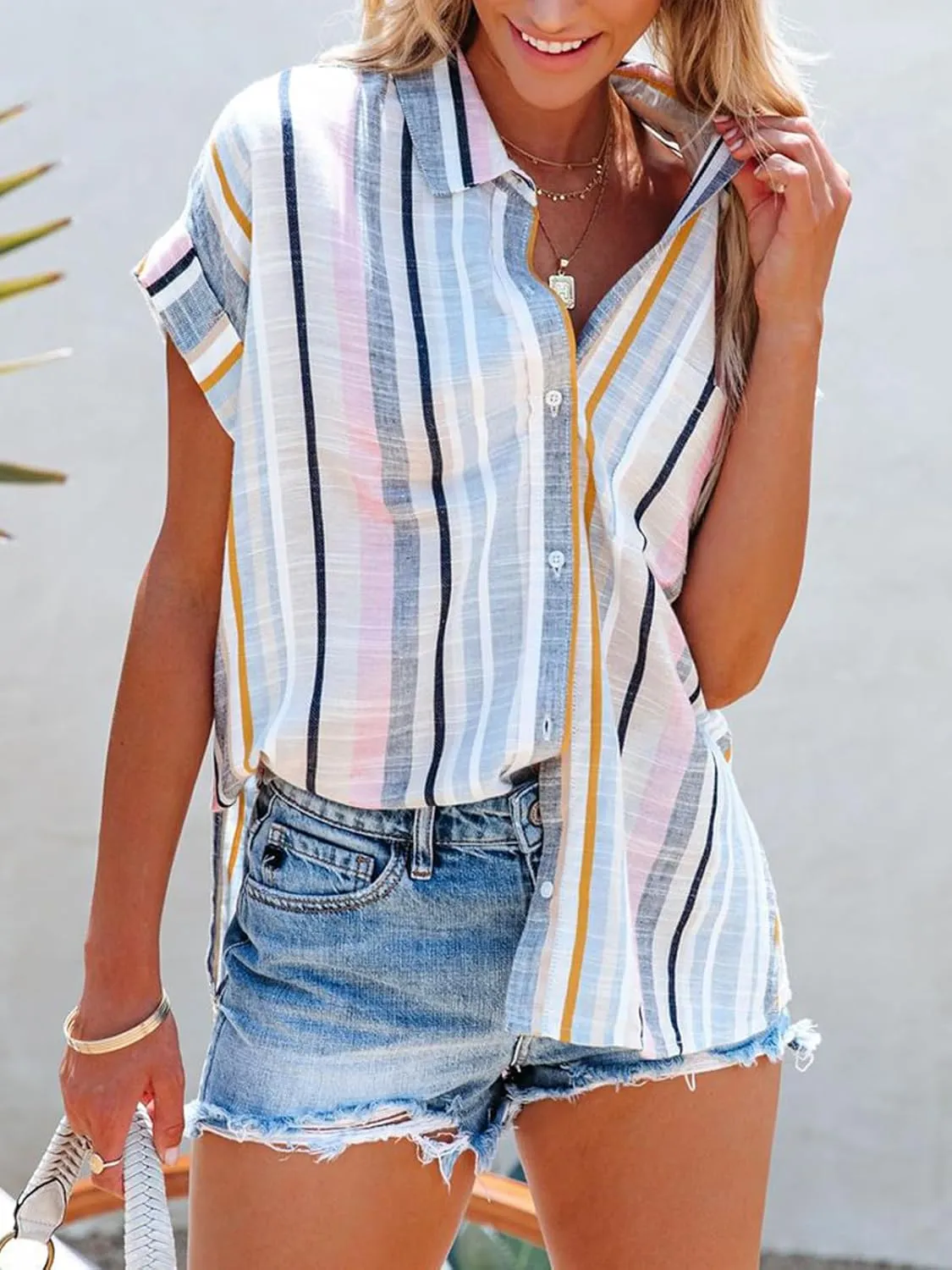 Womens Button Down Shirts Short Sleeve Summer Linen V Neck Collared Stripes Casual Blouses Tops with Pocket
