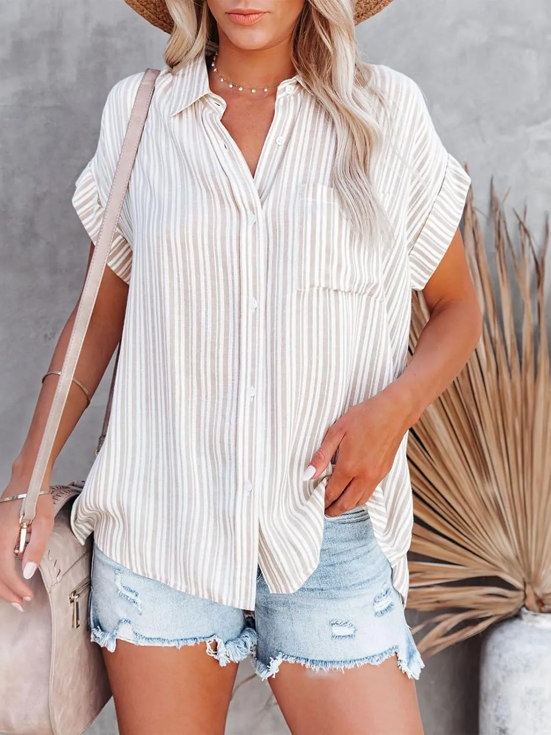 Womens Button Down Shirts Short Sleeve Summer Linen V Neck Collared Stripes Casual Blouses Tops with Pocket