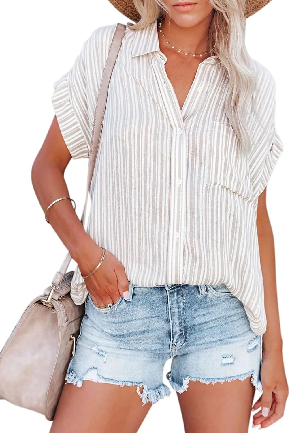 Womens Button Down Shirts Short Sleeve Summer Linen V Neck Collared Stripes Casual Blouses Tops with Pocket