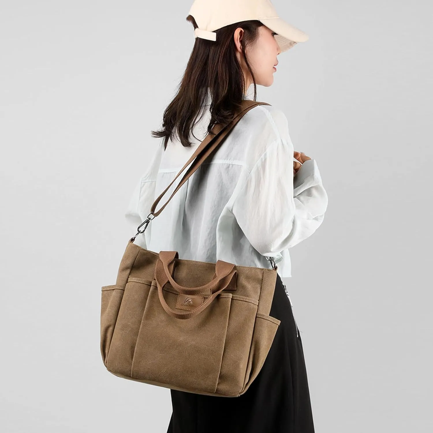 Women's Canvas Tote Purses Shoulder Travel Crossbody Bag Everyday Handbags with Zipper (Grey)