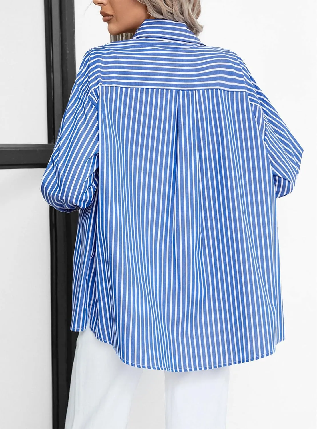 Womens Casual Button Down Shirts Cotton Striped T-Shirt Long Sleeve Blouses Tops