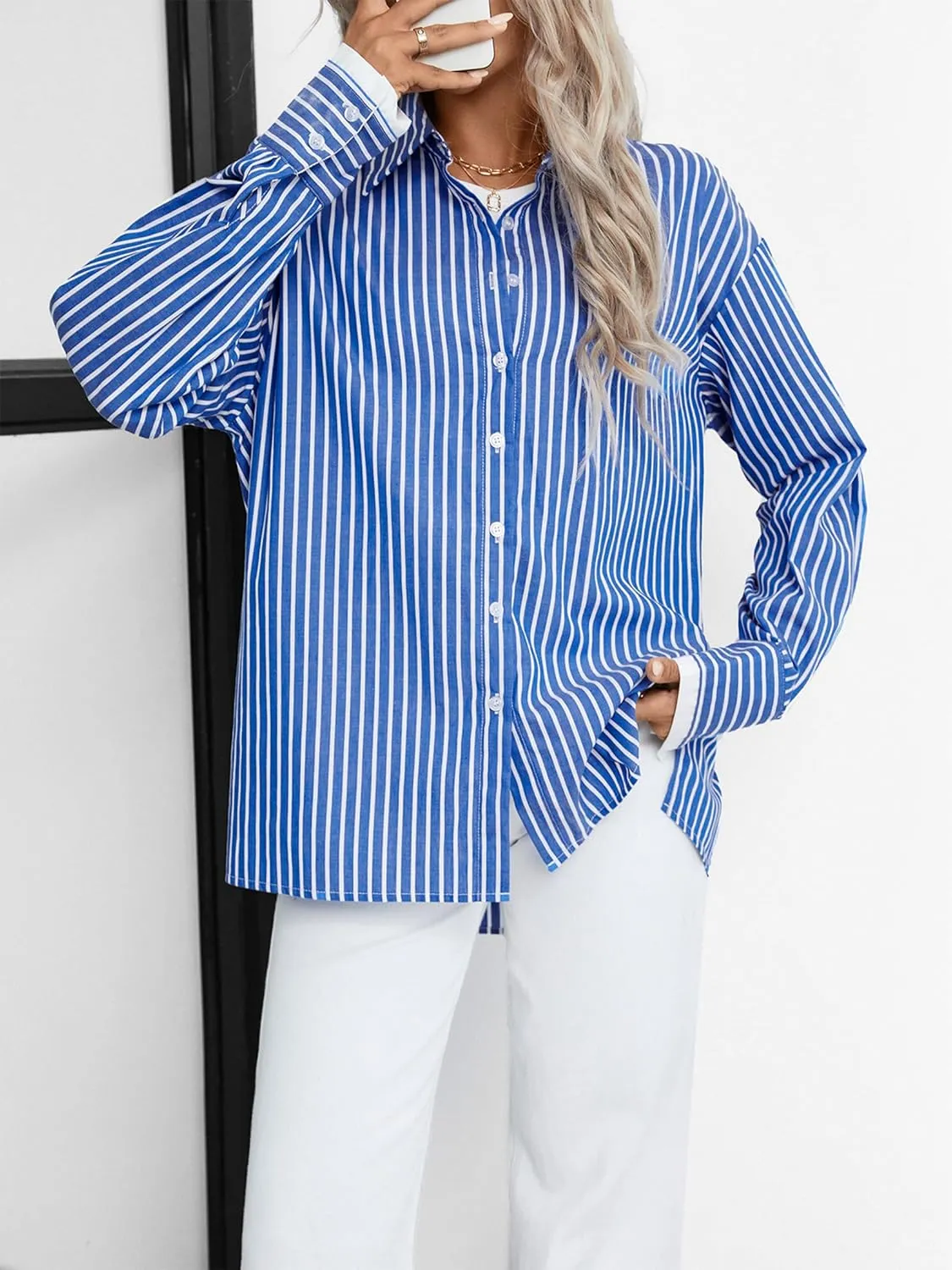 Womens Casual Button Down Shirts Cotton Striped T-Shirt Long Sleeve Blouses Tops