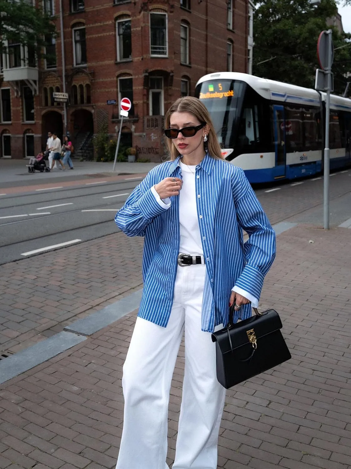 Womens Casual Button Down Shirts Cotton Striped T-Shirt Long Sleeve Blouses Tops