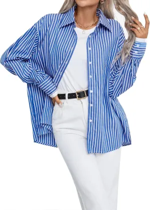 Womens Casual Button Down Shirts Cotton Striped T-Shirt Long Sleeve Blouses Tops