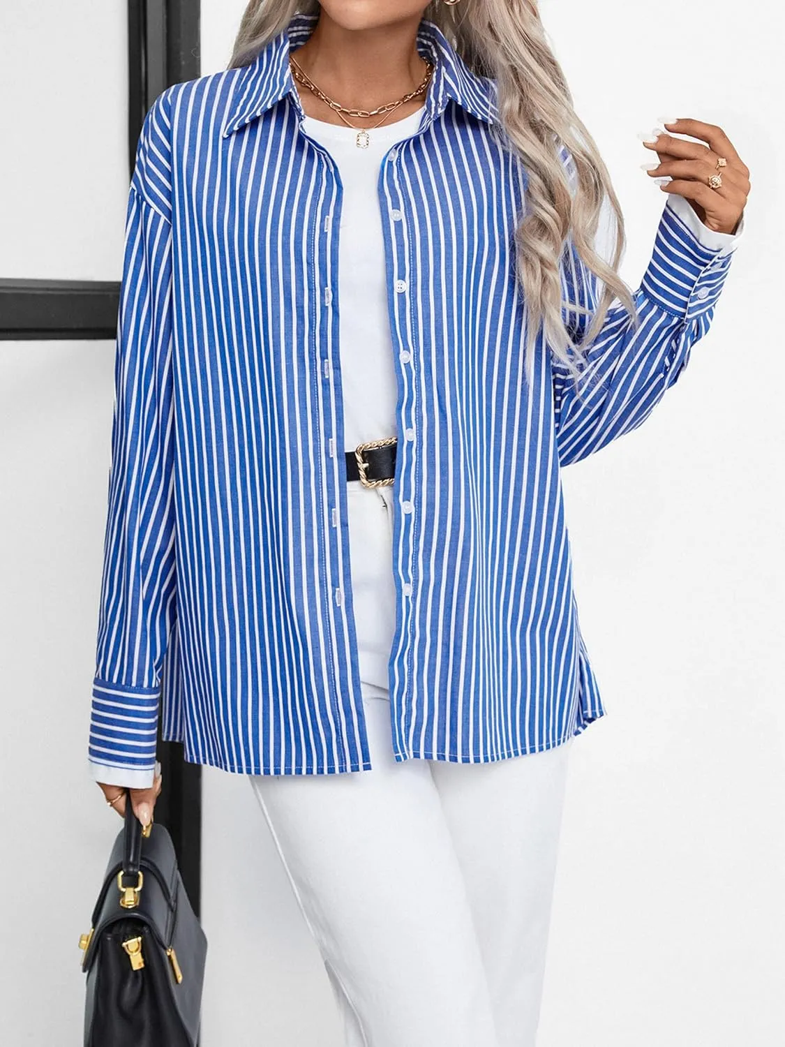 Womens Casual Button Down Shirts Cotton Striped T-Shirt Long Sleeve Blouses Tops